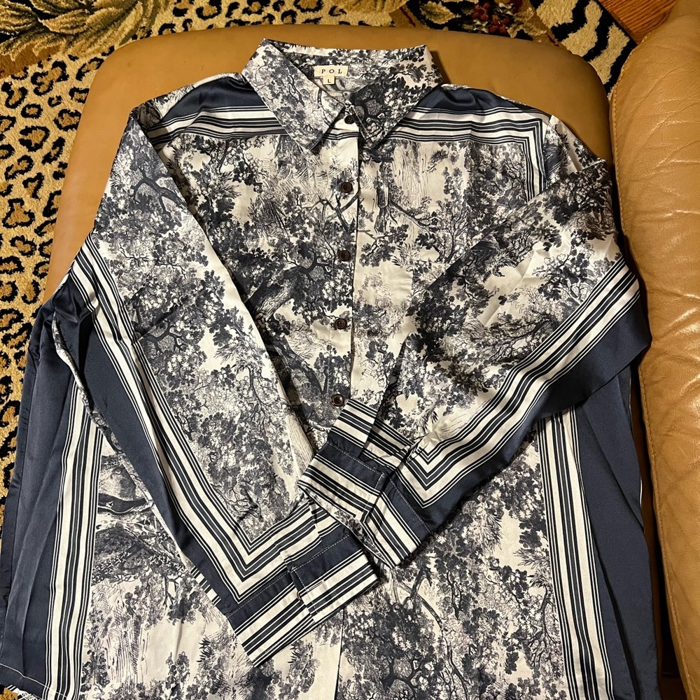 POL  NAVY BLUE and IVORY Patterned Shirt SHACKET SZ LARGE - oversized NEW